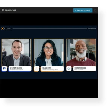 Screen showing broadcast with 3 speakers