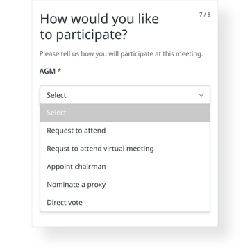 Screen showing dropdown options for participation type