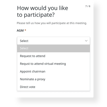 Screen showing dropdown options for participation type