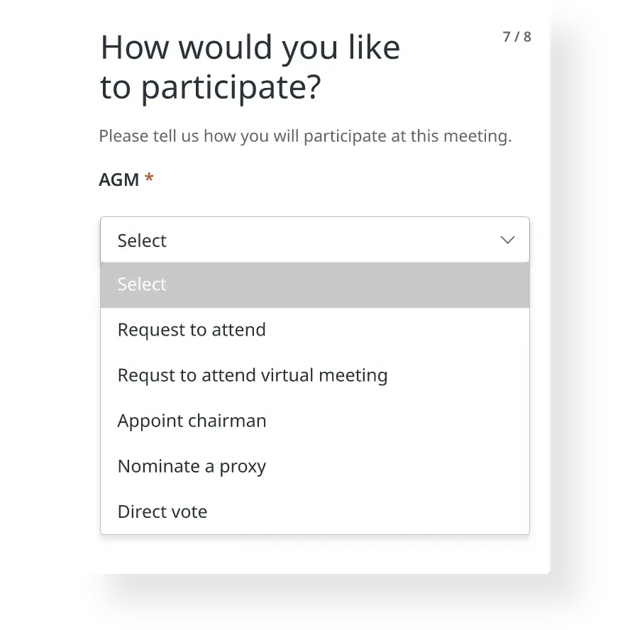 Screen showing dropdown options for participation type
