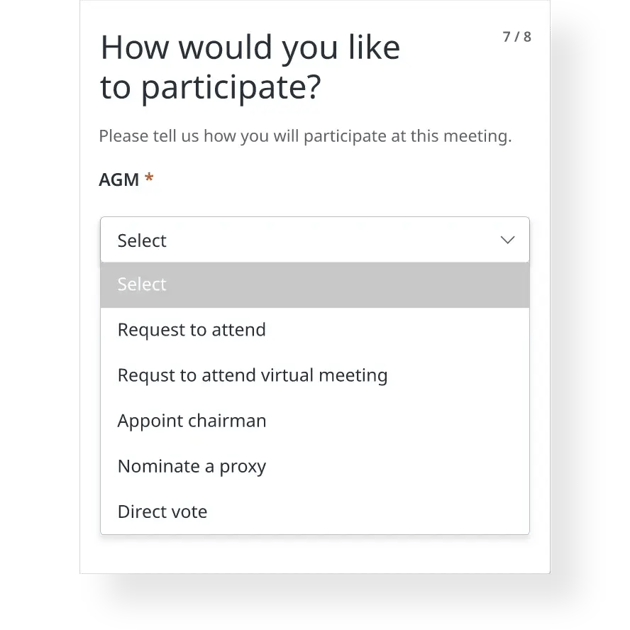 Screen showing dropdown options for participation type