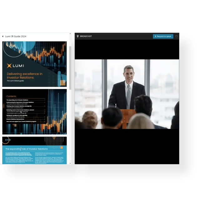 Screens showing a Lumi guide and a broadcast