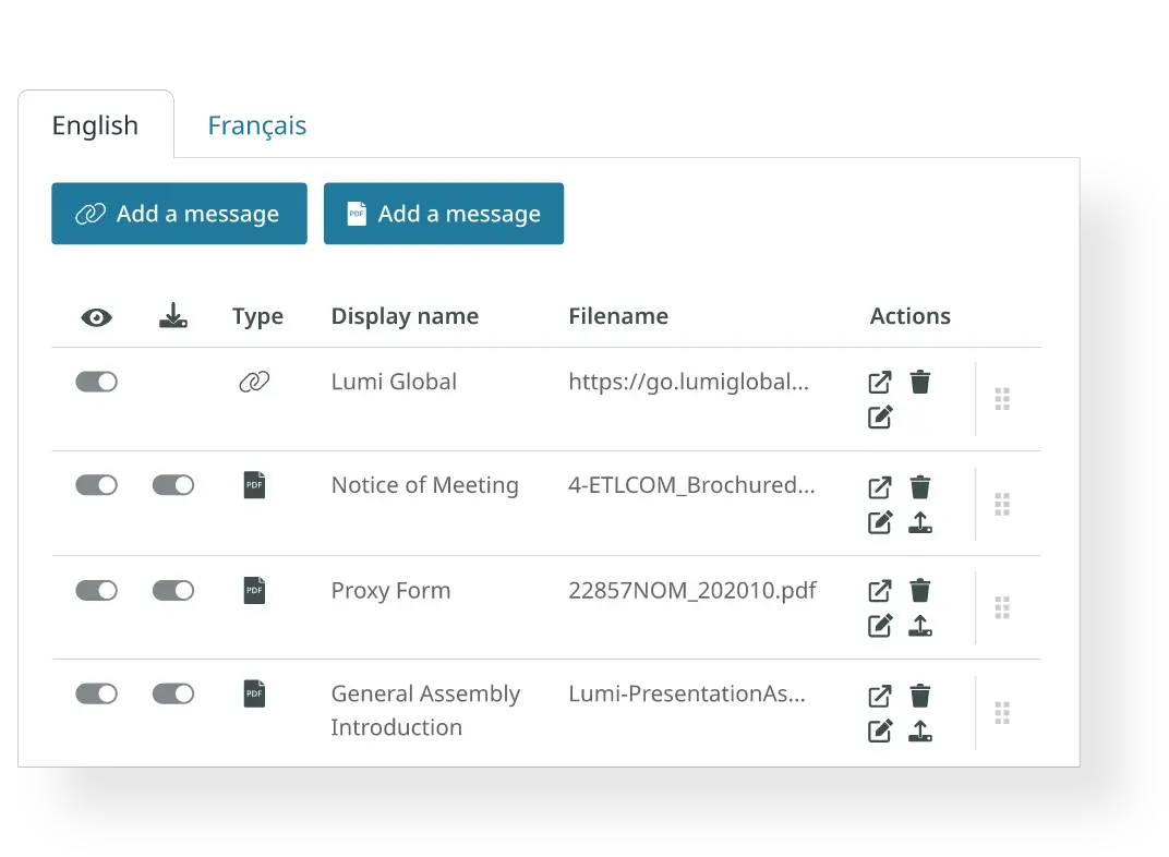 screen showing meeting documents with tab for other languages